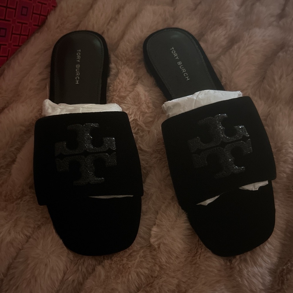 Tory Burch Black Velvet Slides